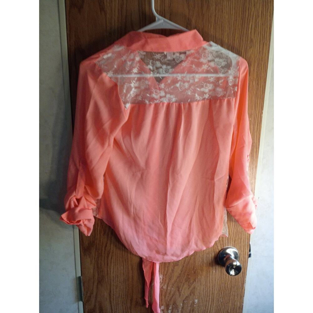 Candies Y2K Tie Front Lace Blouse Vivid Coral Orange Going Out Top Small Western - Picture 6 of 13